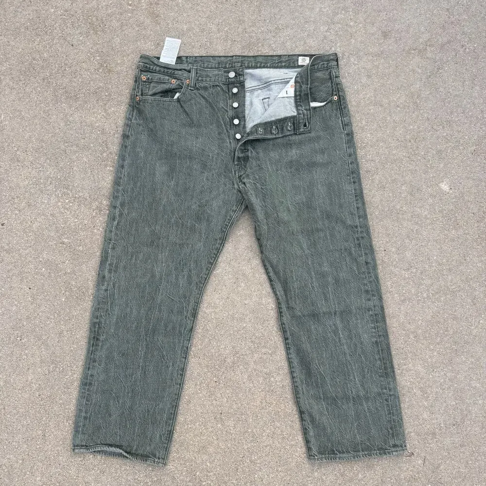 Levi's 501 Button Fly Straight Leg Gray Green White Oak Cone Denim 42x30
